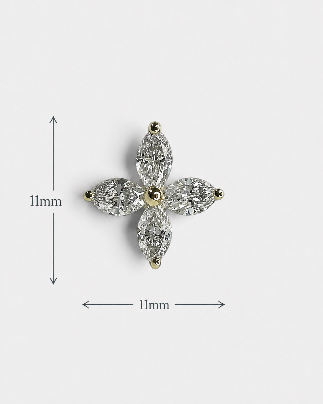 1.40ct marquise diamond flower stud earrings in yellow gold featuring four marquise cut diamonds per earring, available in lab grown or natural diamonds.