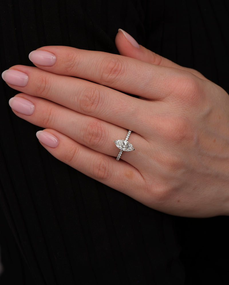 1.70ct Marquise Hidden Halo lab grown diamond engagement rings.
