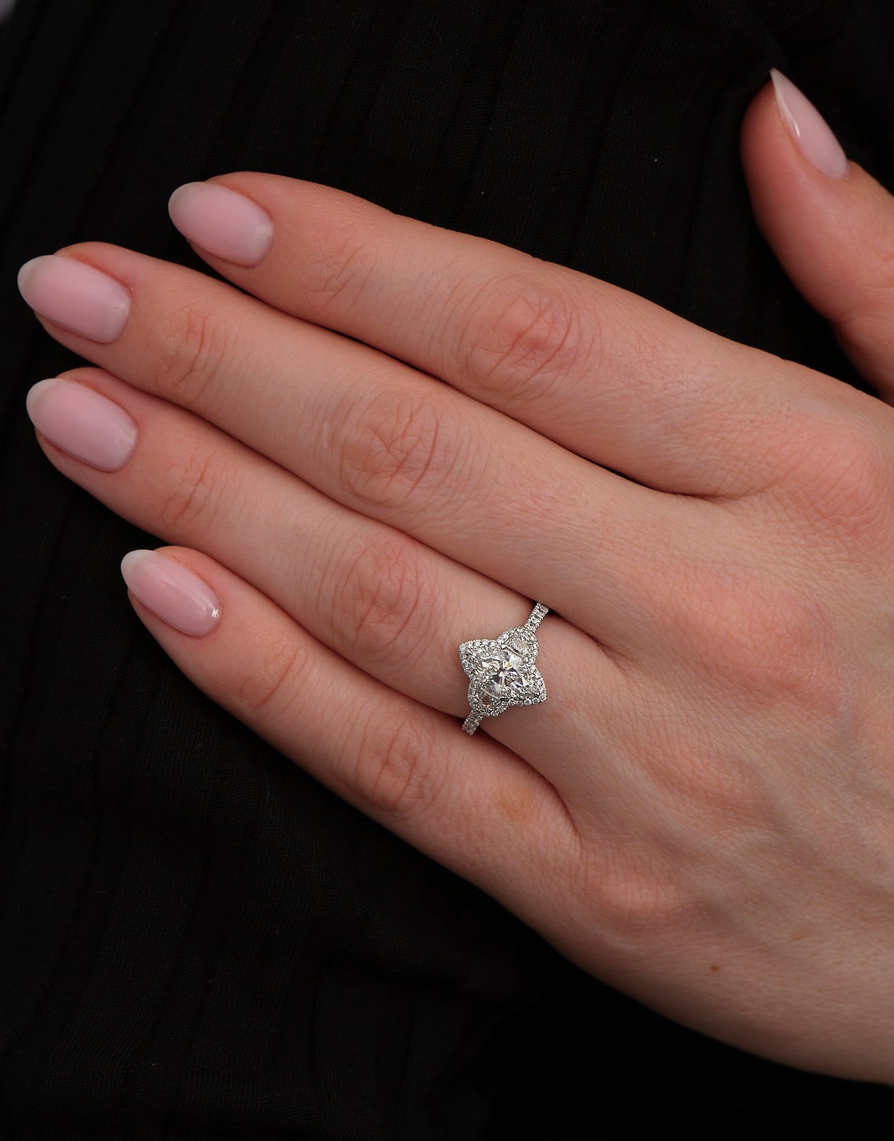 marquise cut trilogy halo diamond engagement ring