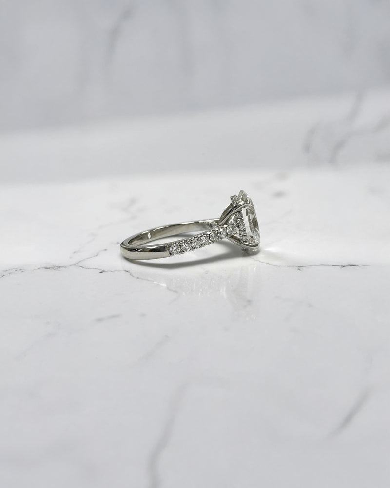 3ct Oval cut Cathedral Setting lab grown diamond engagement ring in platinum on hand