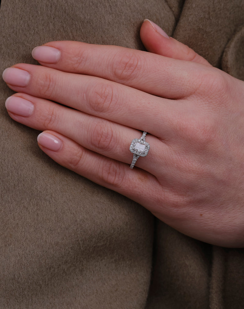 0.70ct Radiant Split Shoulder Halo lab grown Diamond Engagement Rings.