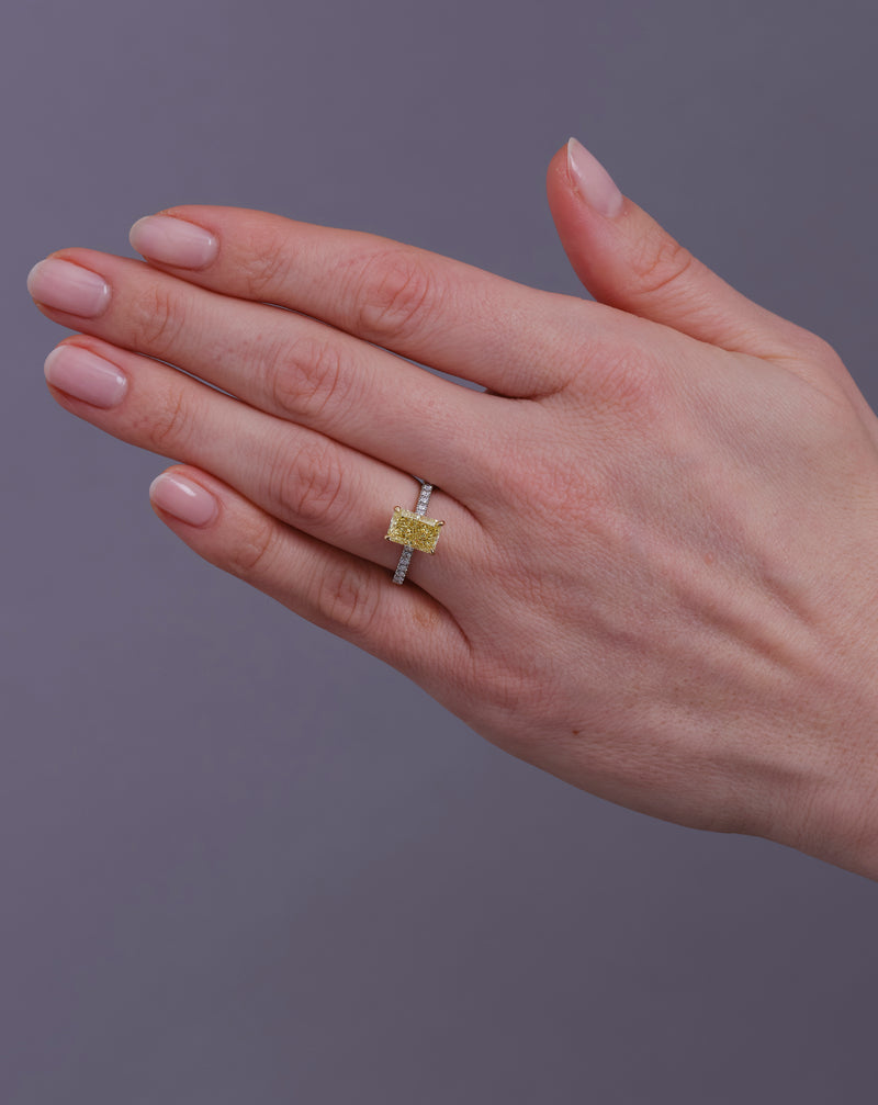 2.20ct Fancy Intense Yellow Radiant Cut Diamond Engagement Rings.