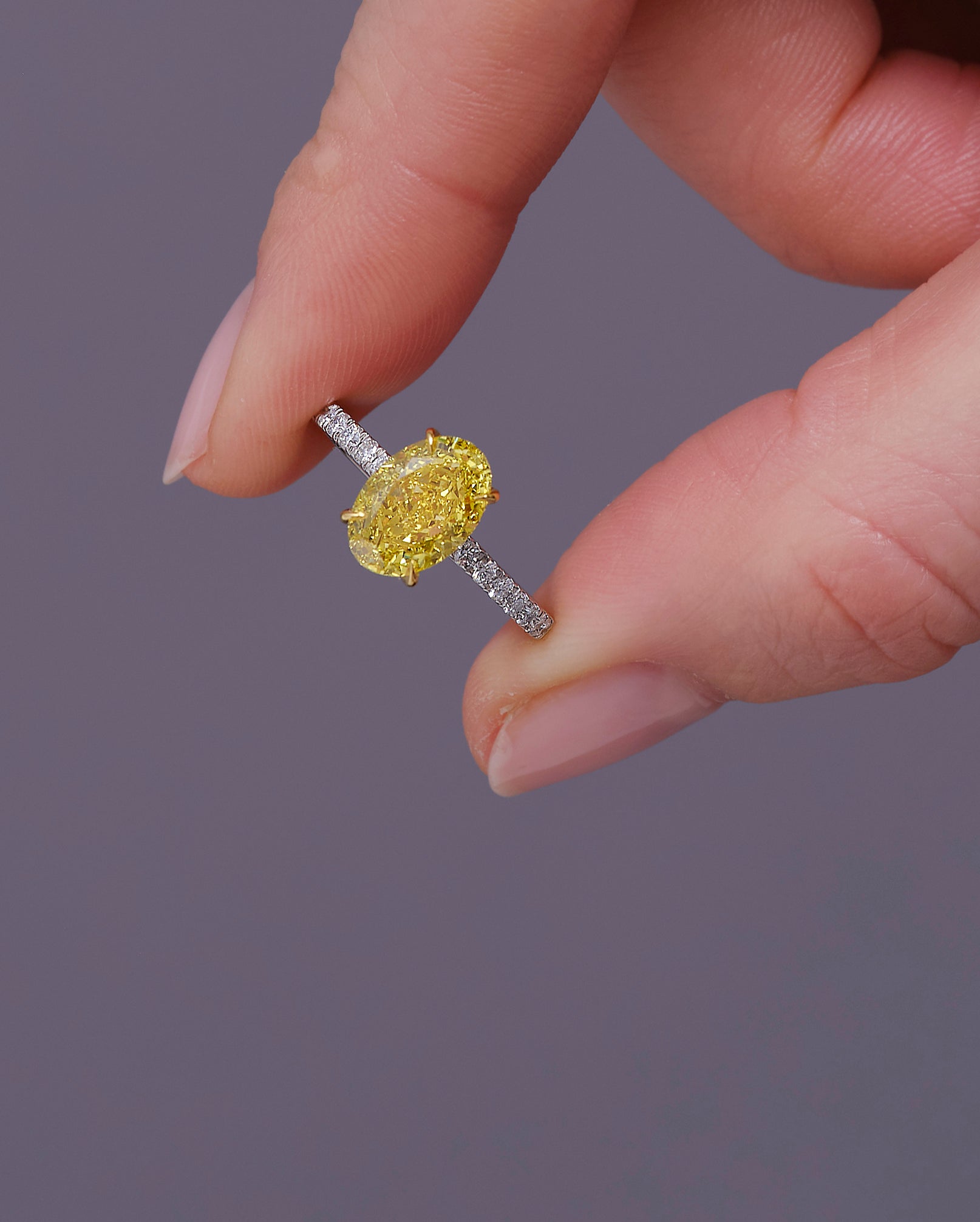 2.50ct Fancy Vivid Yellow Oval Cut Lab Grown Diamond Engagement Rings.