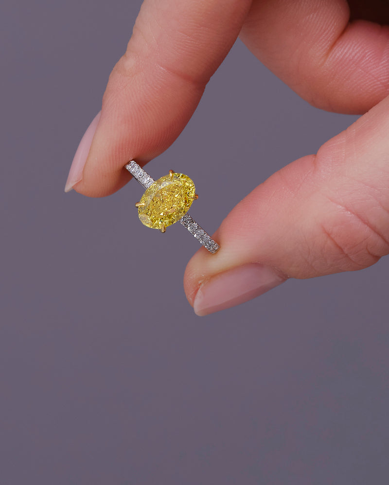 2.50ct Fancy Vivid Yellow Oval Cut Lab Grown Diamond Engagement Rings.