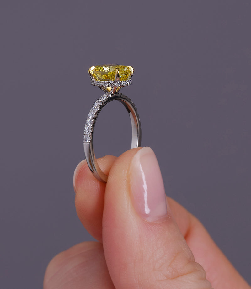 2.50ct Fancy Vivid Yellow Oval Cut Lab Grown Diamond Engagement Rings.