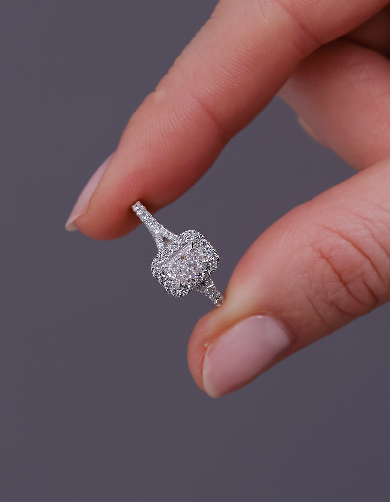 0.70ct Radiant Split Shoulder Halo lab grown Diamond Engagement Rings.