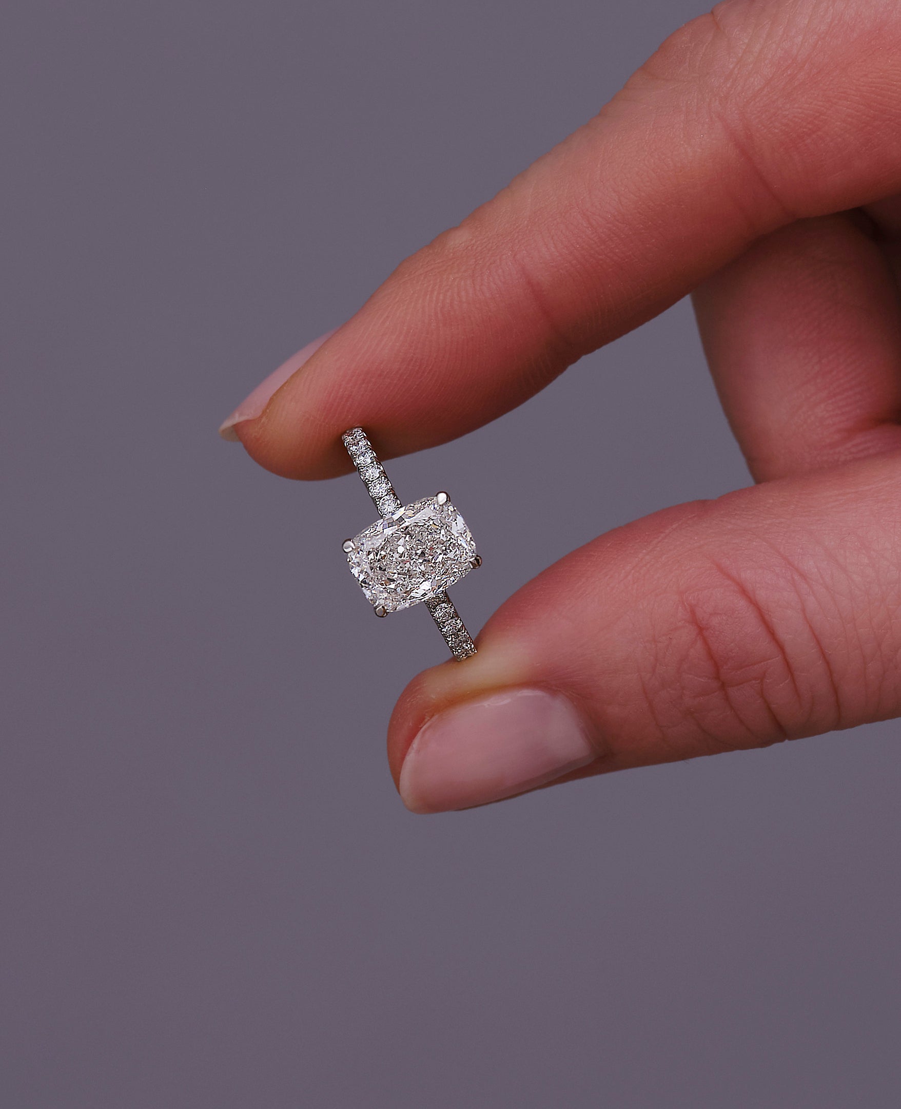 2.70ct Elongated Cushion Hidden Halo Lab Grown Diamond Engagement Rings.