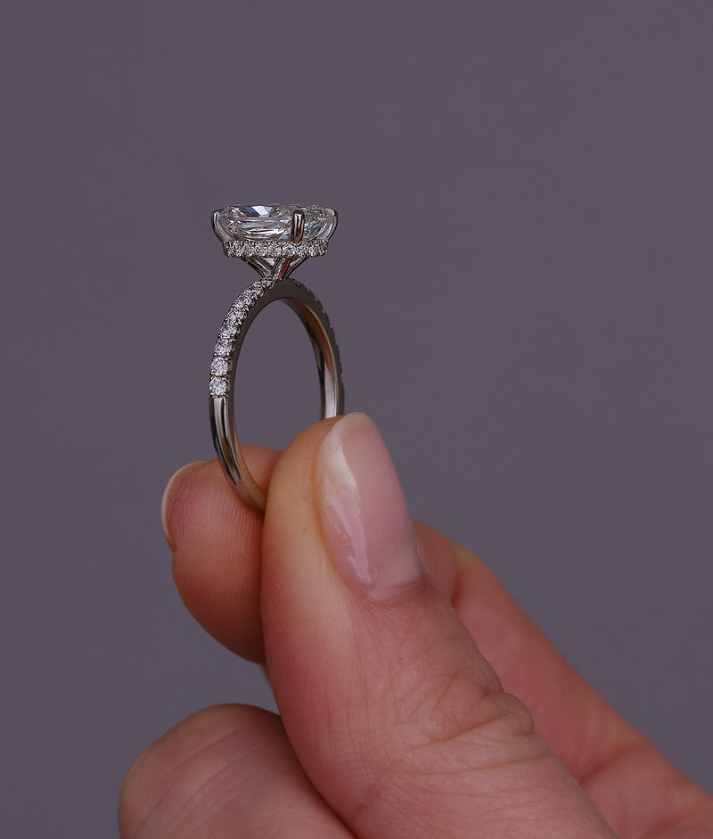2.70ct Elongated Cushion Hidden Halo Lab Grown Diamond Engagement Rings.
