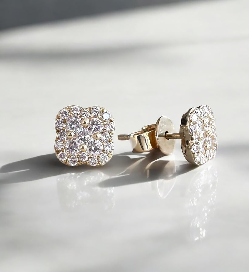 4 leaf clover diamond stud earrings on ear