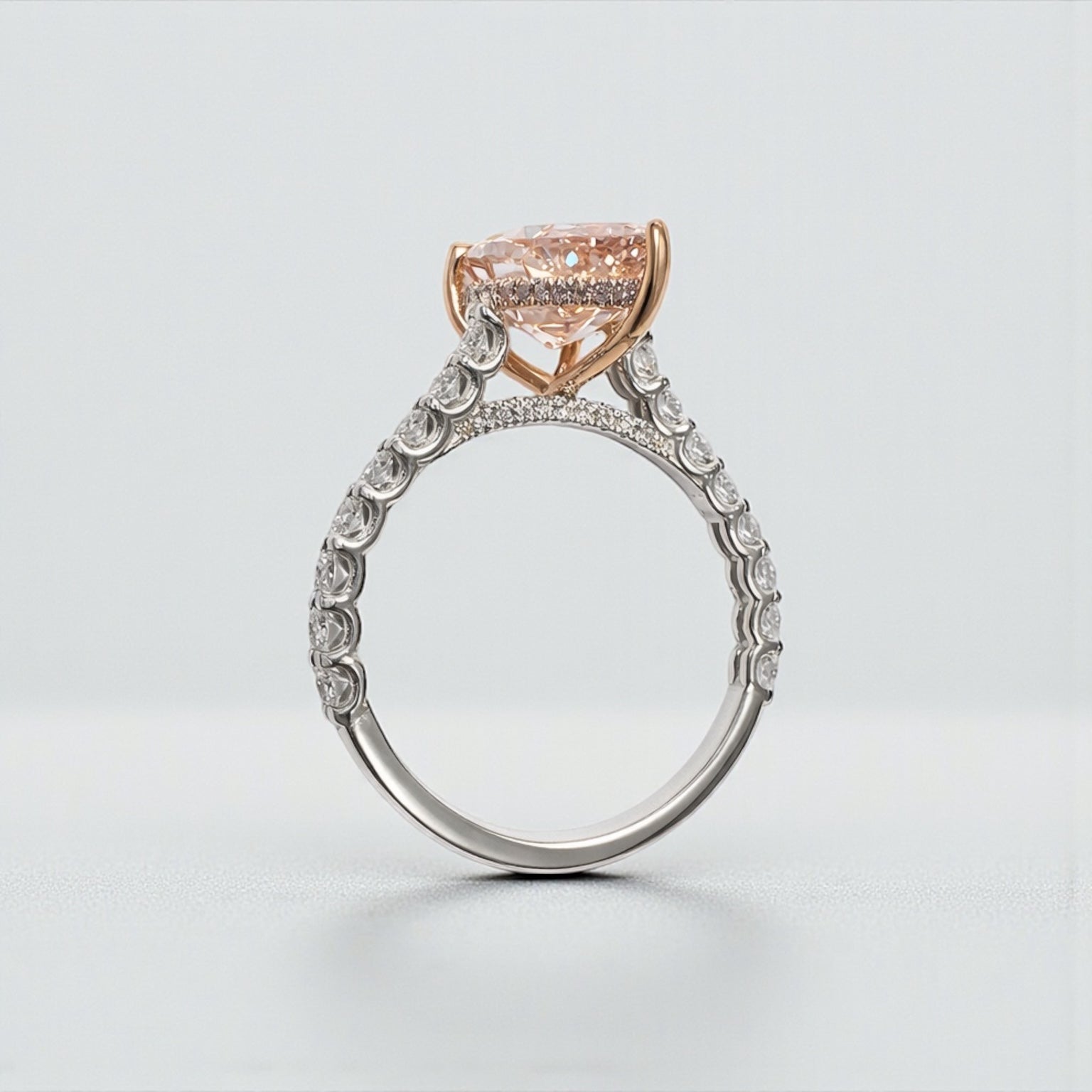 Pear shaped engagement ring with 3ct lab grown pink diamond, hidden halo and diamond set platinum band