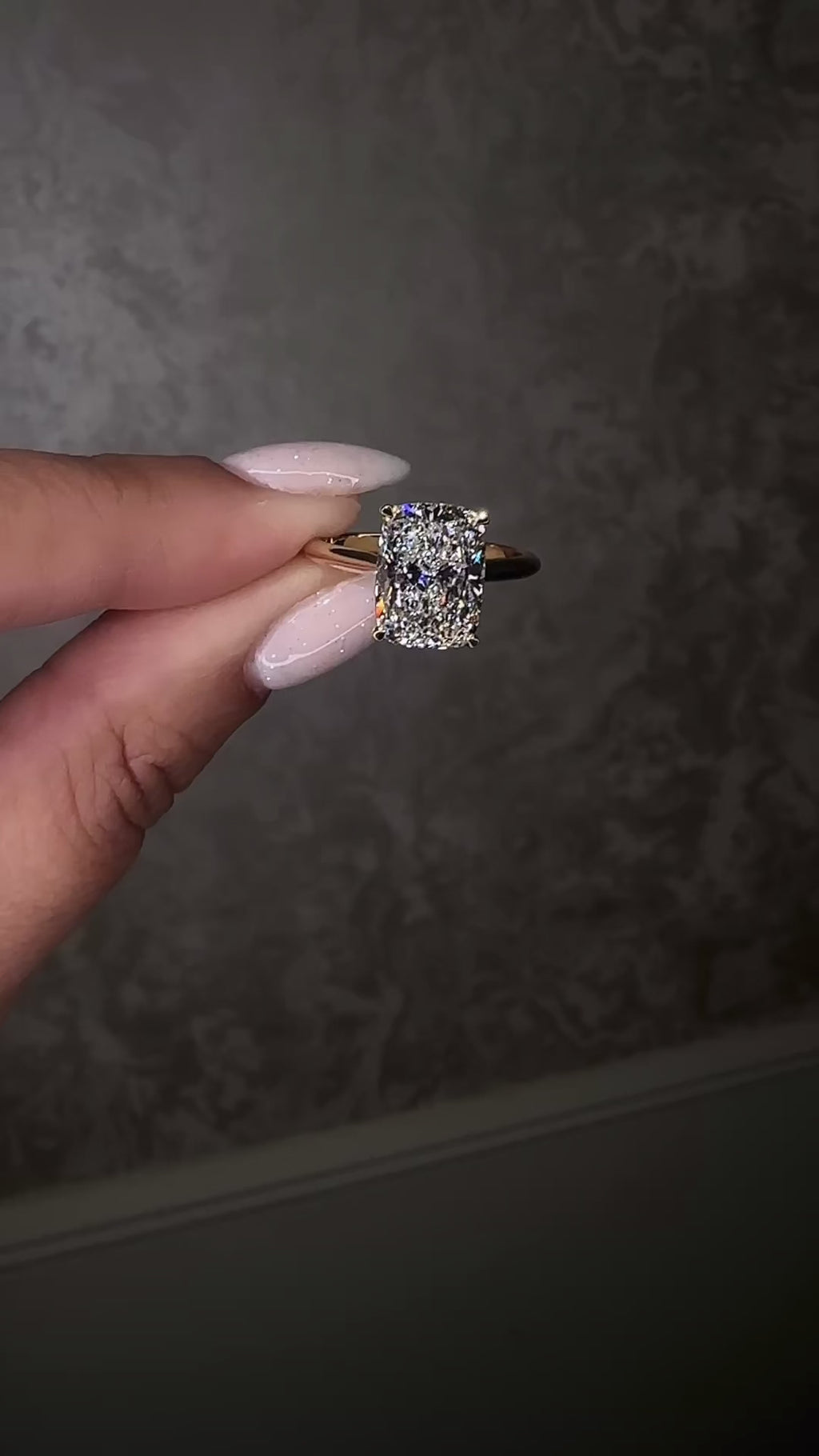 4ct elongated cushion cut lab grown diamond cathedral engagement ring in 18kt yellow gold, diamond bridge and hidden halo 