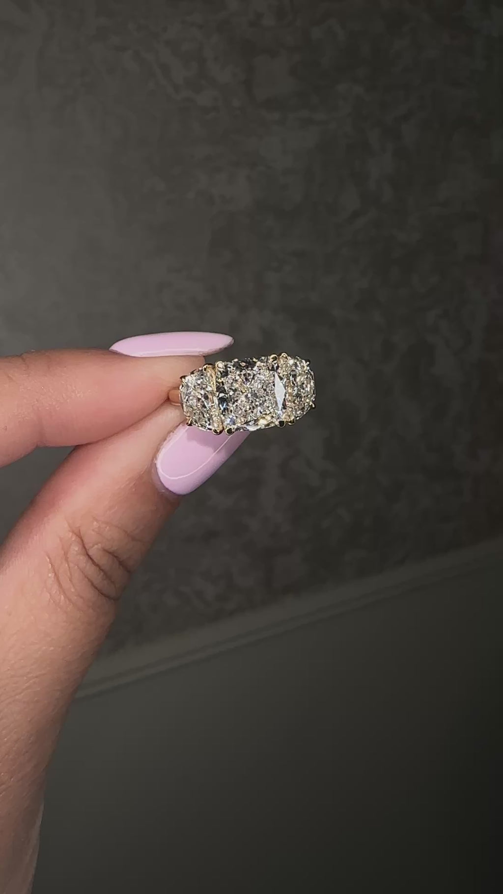 3ct cushion cut diamond trilogy engagement ring with half moon side stones, 4.50ct total, yellow gold, wide finger coverage
