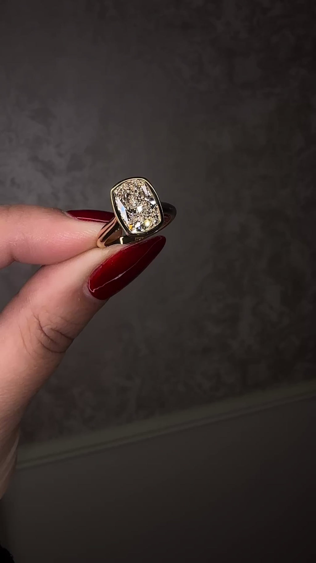 3ct elongated cushion cute lab grown diamond bezel setting plain band solitaire engagement ring, 18kt yellow gold