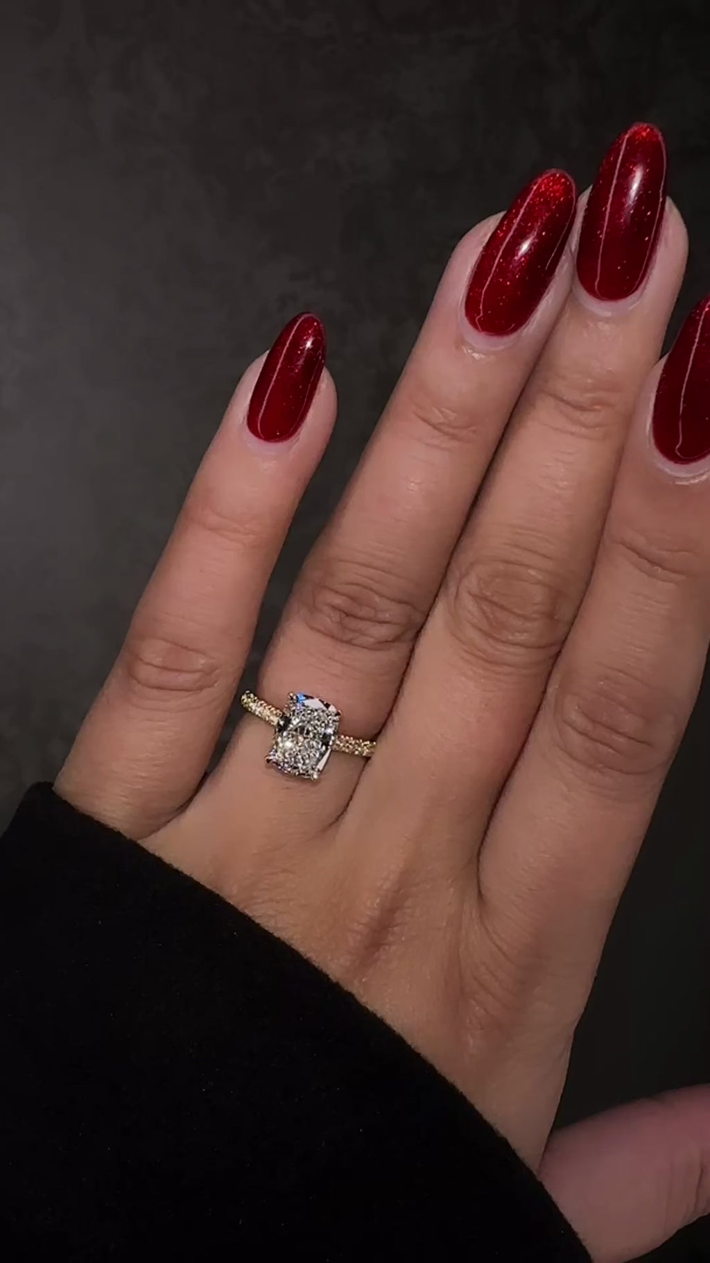 3ct elongated cushion cut lab grown diamond cathedral engagement ring hidden halo on hand