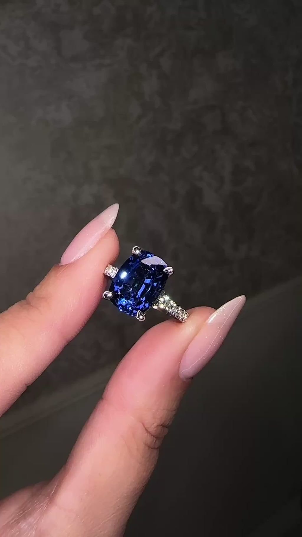 5.80ct elongated cushion cut blue lab grown sapphire engagement ring with diamond split shoulders. platinum or 18kt white gold, made in London