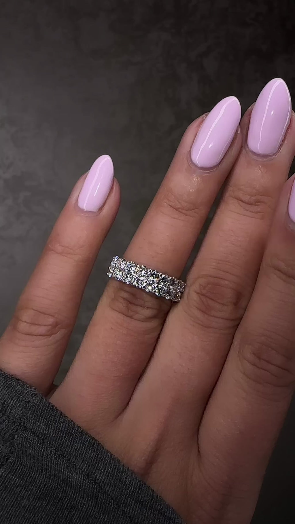 double row diamond eternity ring with round brilliant diamonds arranged in a continuous double row. 9kt or 18kt white or yellow gold or platinum on hand