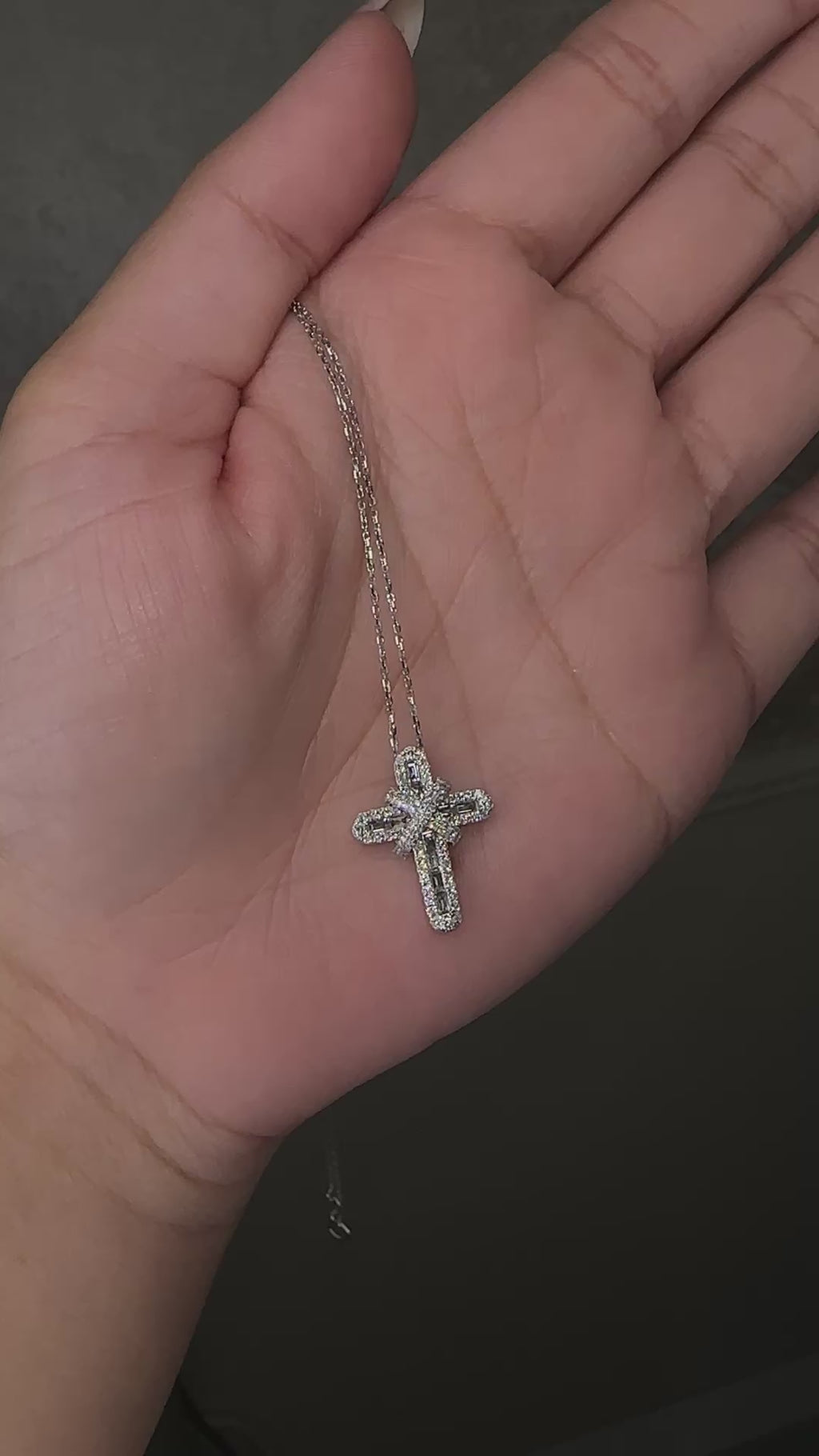 Round and baguette diamond cross pendant necklace 0.69ct in white gold on fine chain London 