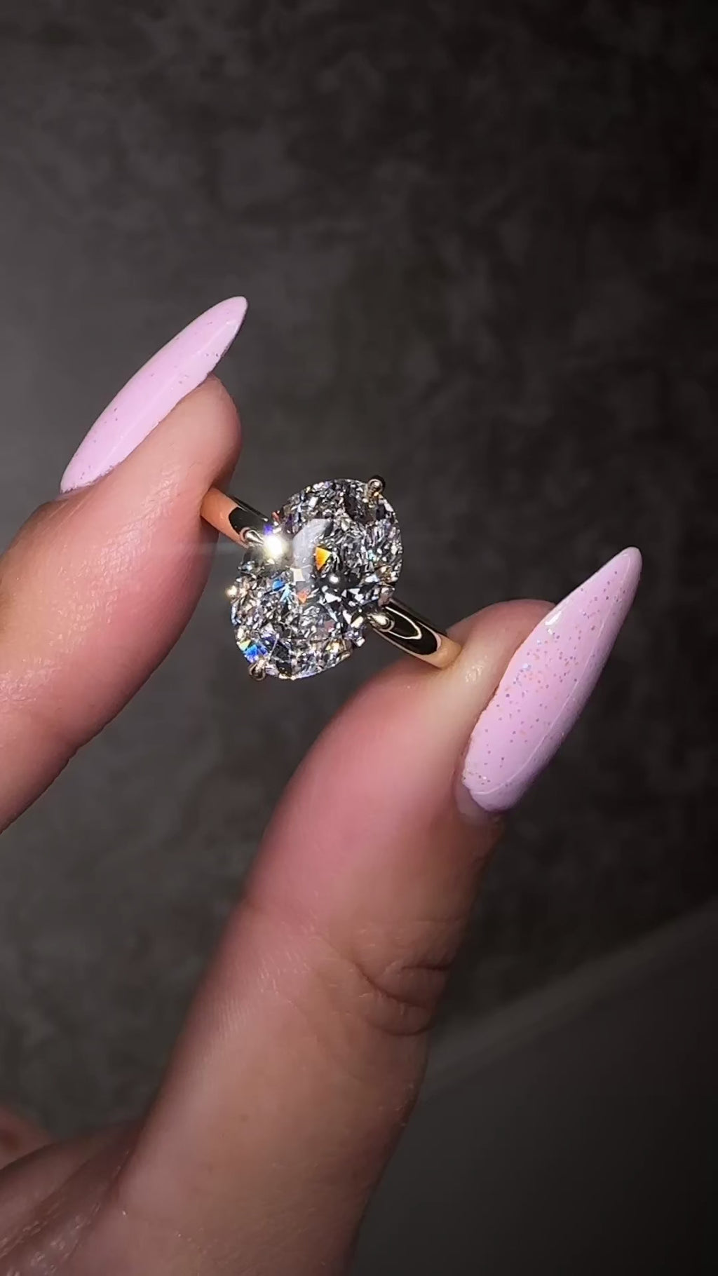 Oval 4ct lab grown diamond solitaire in compass prong setting engagement ring by Layla Diamonds London, 18kt Yellow Gold