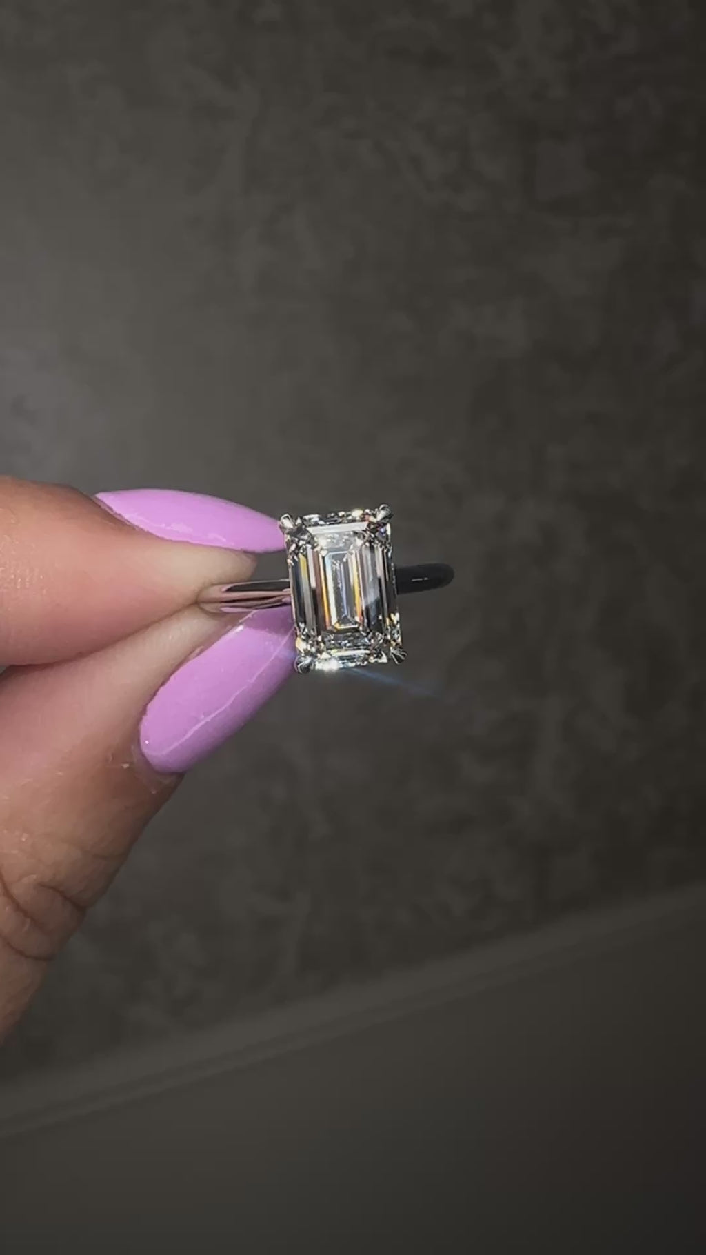 2.50ct emerald cut lab grown diamond cathedral engagement ring with diamond hidden halo, diamond bridge and polished band, handmade in London.