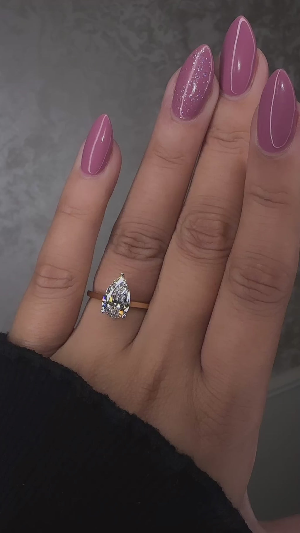 2ct Pear Cut Lab Grown Diamond Cathedral Solitaire Engagement Ring 18kt Yellow Gold on hand