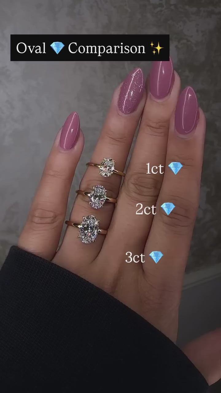 1ct 2ct 3ct oval cut diamond ring comparison on hand