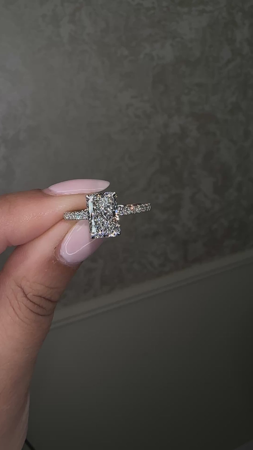 1.80ct radiant cut lab grown diamond engagement ring with diamond shoulder band and wrap around hidden halo in platinum, handmade in London by Layla Diamonds.