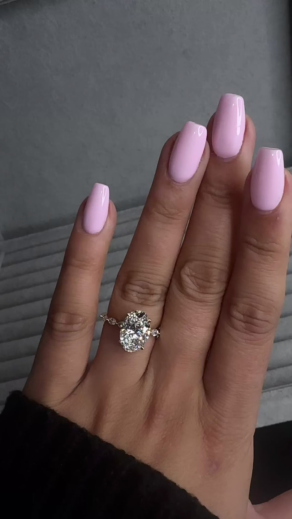 4ct oval cut lab grown diamond engagement ring with marquise cut diamond band in yellow gold, four claw setting, 4.40ct total diamond weight, handcrafted in London