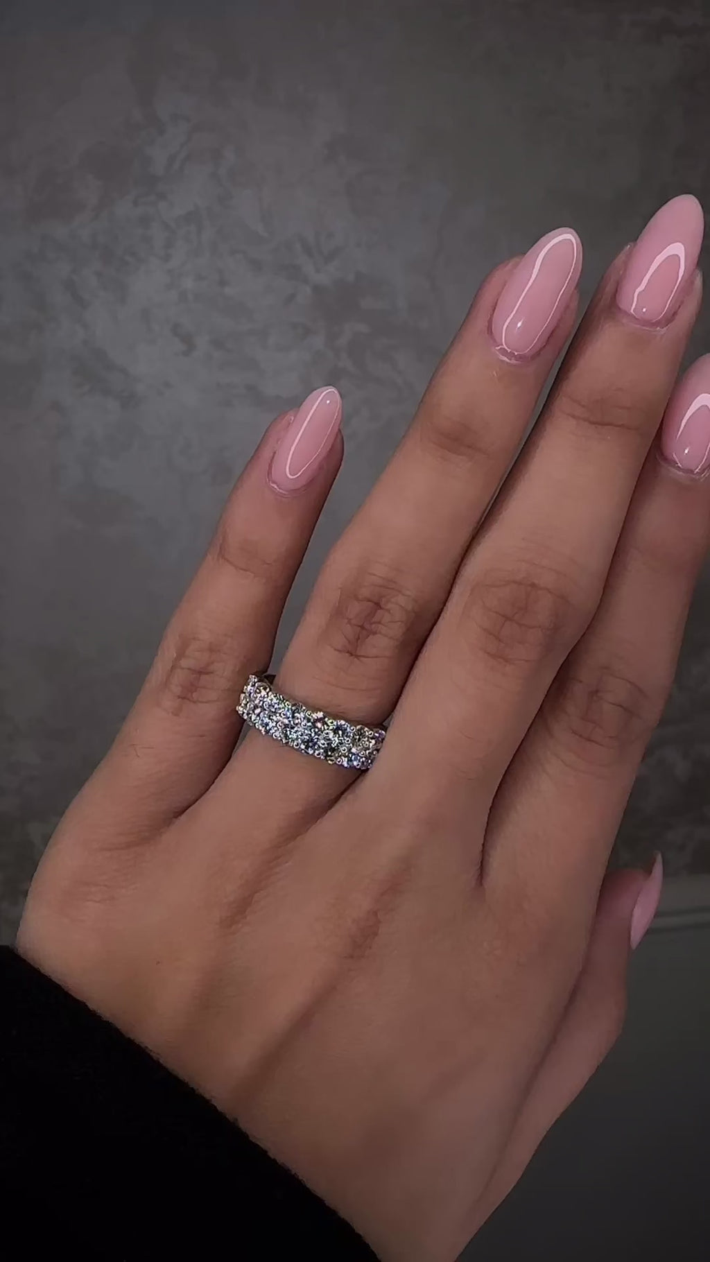 double row diamond eternity ring with round brilliant diamonds arranged in a continuous double row. 9kt or 18kt white or yellow gold or platinum on hand