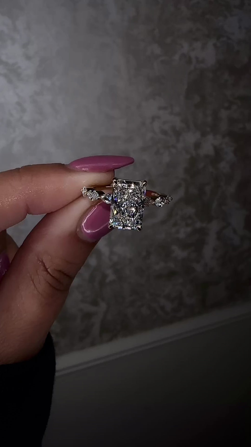 3ct Radiant cut lab grown diamond set with marquise side diamonds on the band, engagement ring, 18kt yellow gold 