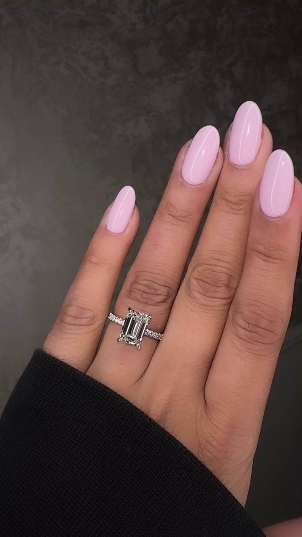 3ct emerald cut diamond engagement ring with open diamond prongs and pavé diamond band in platinum, total 3.38ct
