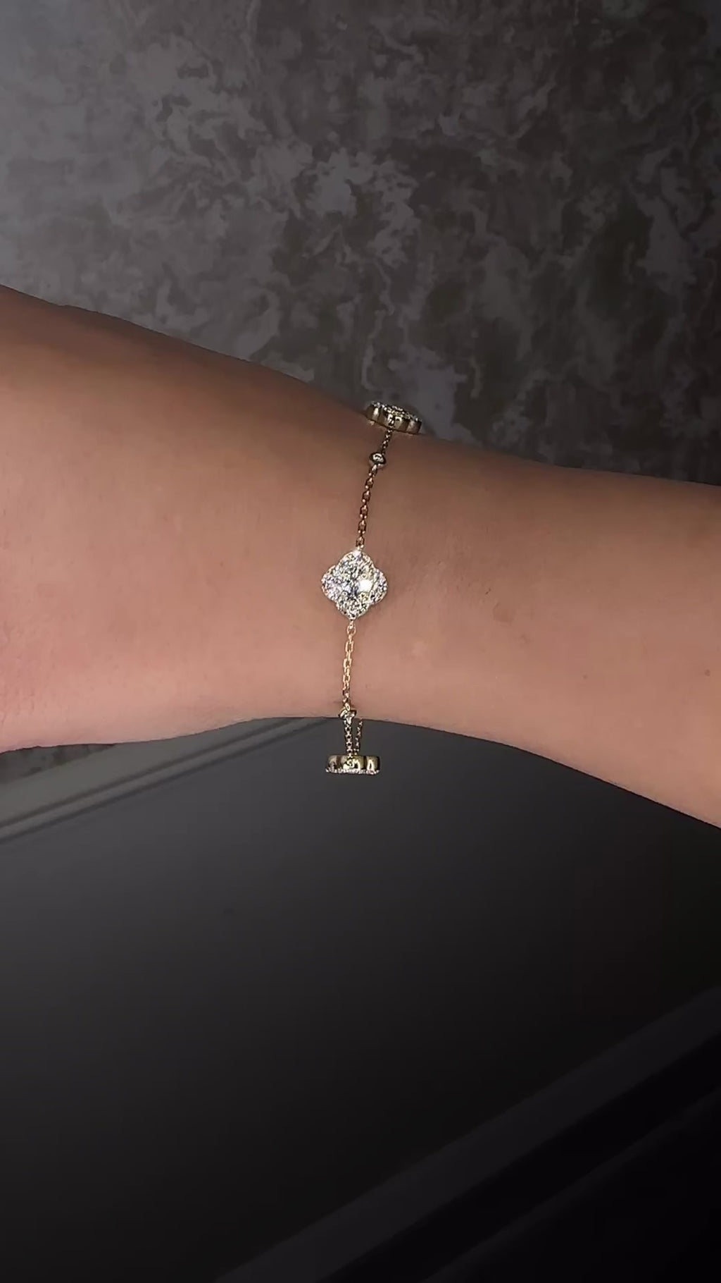 Diamond clover chain bracelet in platinum, yellow gold, rose gold, and white gold —  Layla Diamonds London on hand