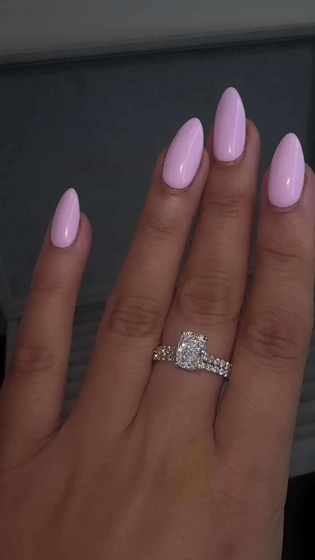 2ct elongated cushion cut lab grown diamond engagement ring with U prong cathedral setting and diamond shoulders in yellow gold