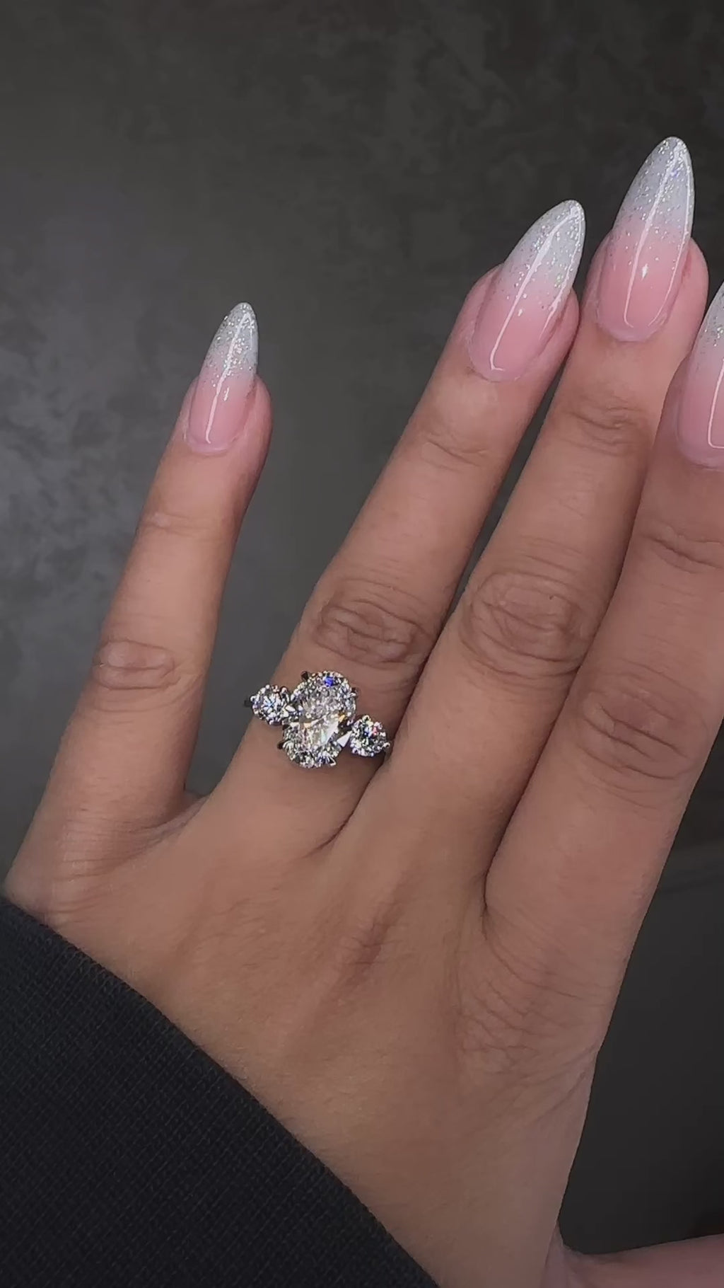 3.50ct lab grown oval cut diamond and round brilliant trilogy engagement ring