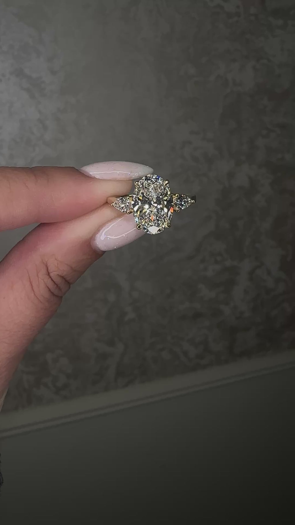 3.50ct Oval Cut Lab grown diamonds with Pear cut diamond trilogy engagement ring 18kt yellow gold 