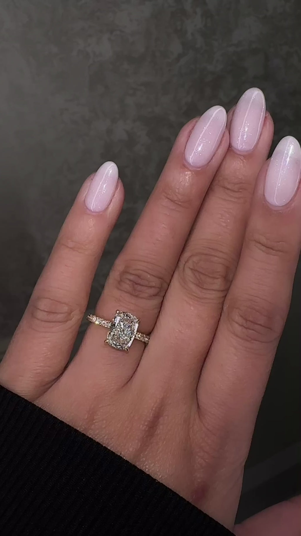 3ct elongated cushion cut diamond ring detail showing hidden halo in yellow gold handcrafted in London UK