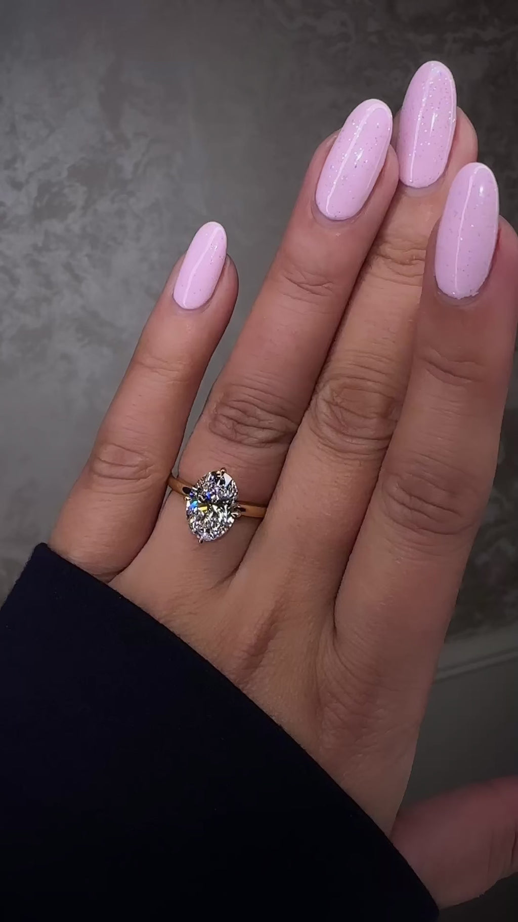 Oval 4ct lab grown diamond solitaire in compass prong setting engagement ring by Layla Diamonds London, 18kt Yellow Gold