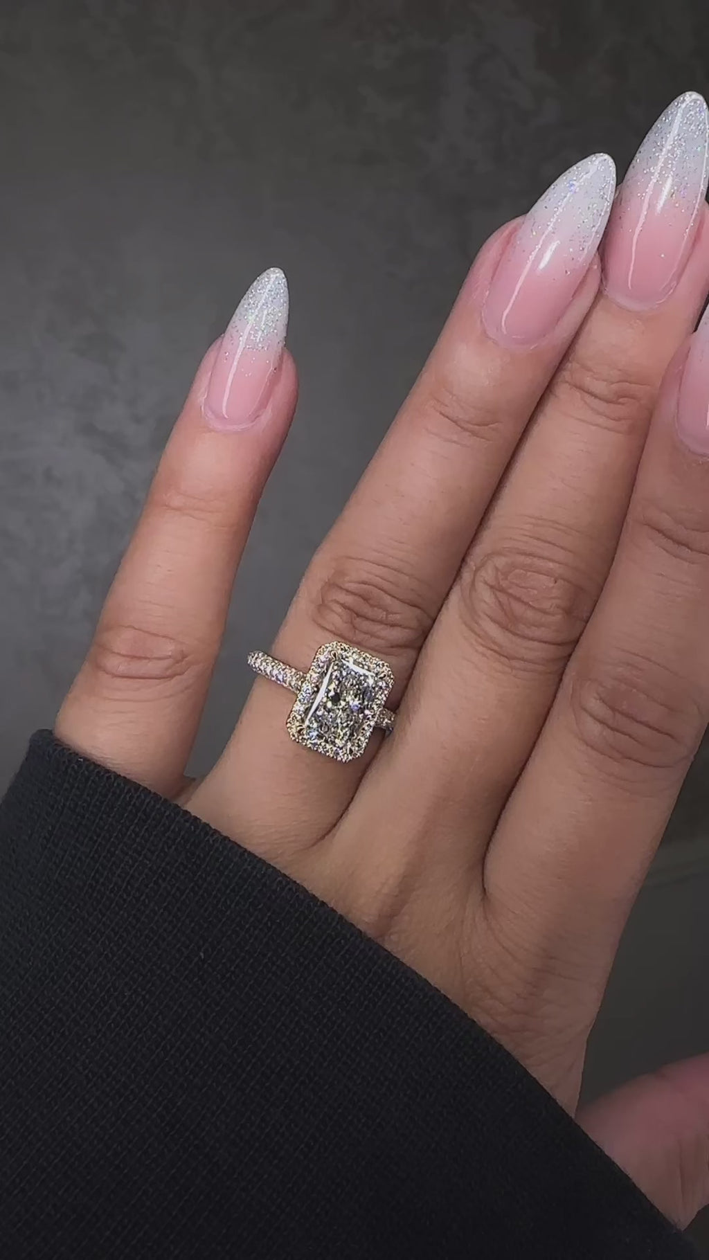 3ct radiant cut lab grown diamond seamless halo engagement ring 3d band design 18kt yellow gold