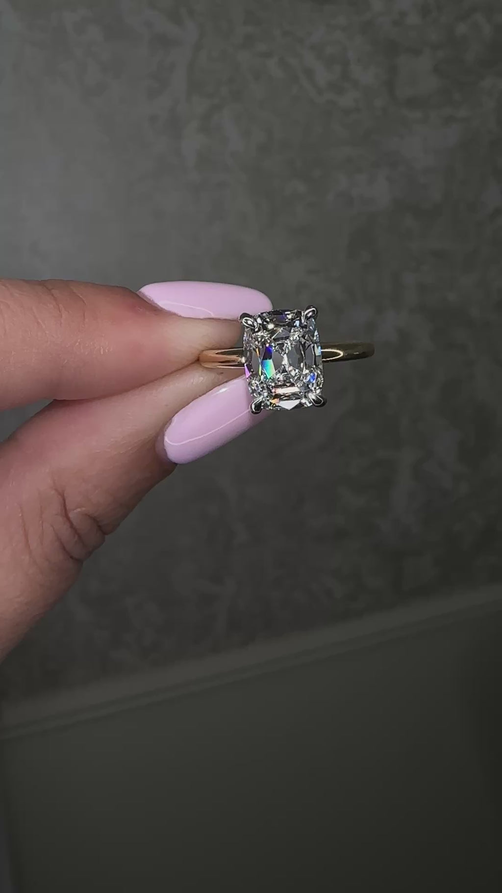 2.90ct old mine cut elongated cushion diamond engagement ring with hidden halo in two tone 18kt yellow gold band and platinum setting