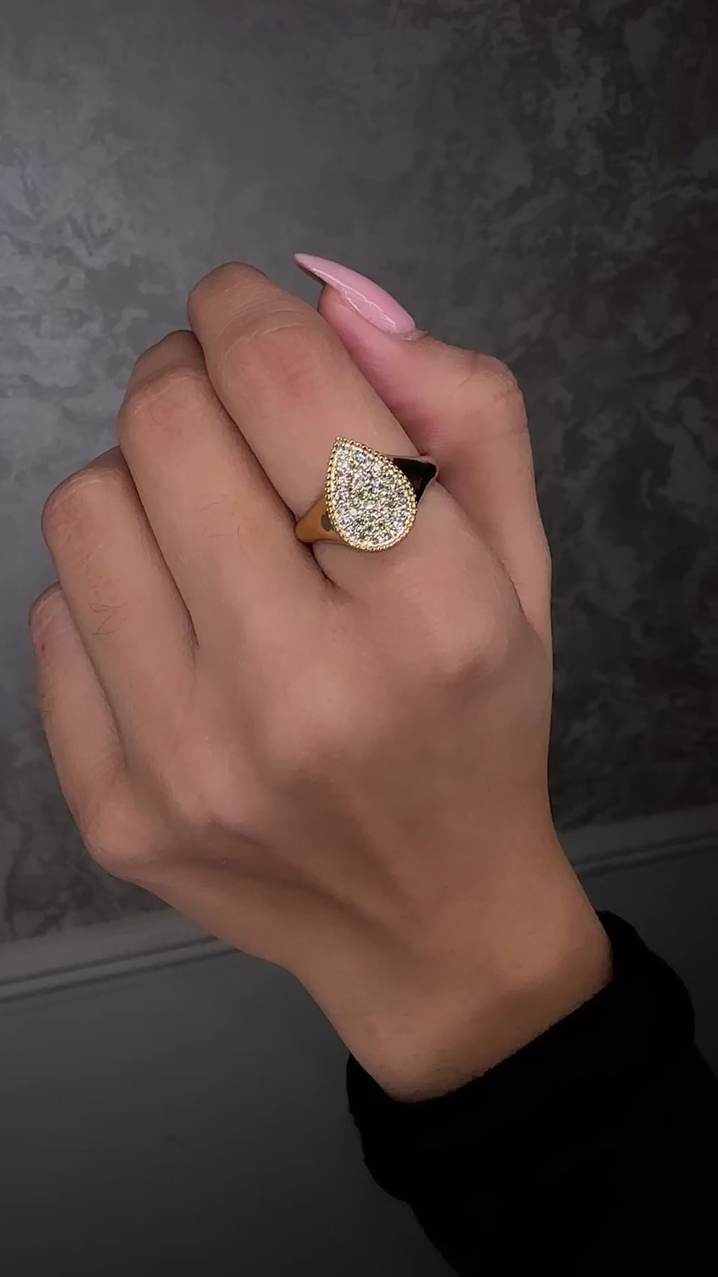Pear drop diamond cluster signet ring in 9kt or 18kt yellow gold with pavé set diamonds, front view showing pear shaped head.