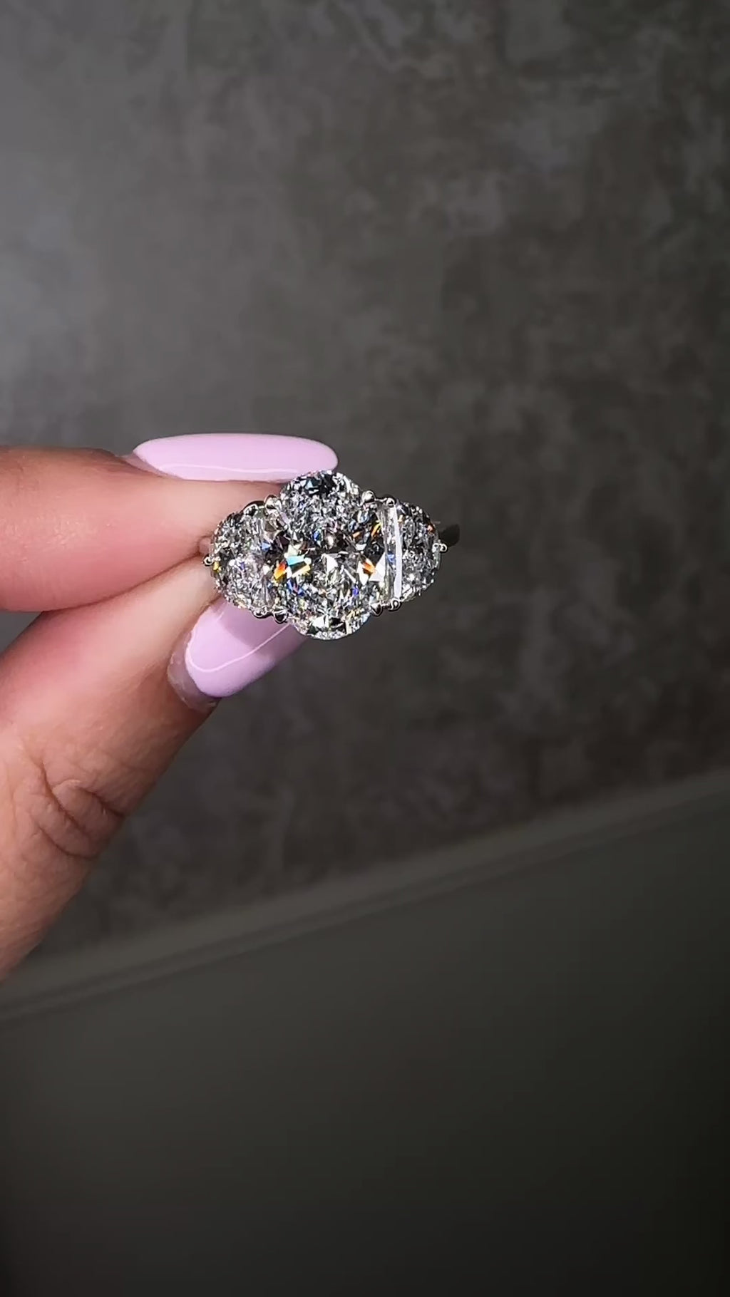 3ct oval cut lab grown diamond engagement ring with half moon side stones and hidden halo, total 4.40ct, polished platinum, handcrafted in London