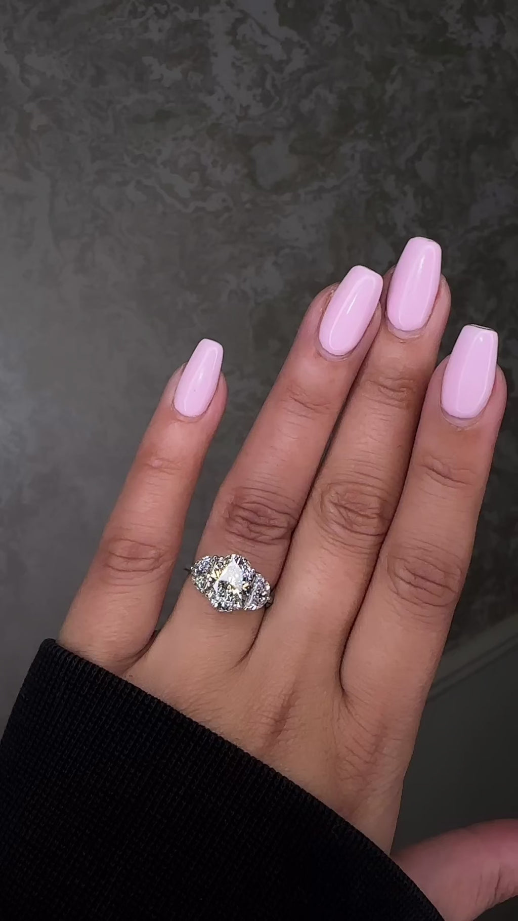 3ct oval cut lab grown diamond engagement ring with half moon side stones and hidden halo on hand, total 4.40ct, polished platinum, handcrafted in London
