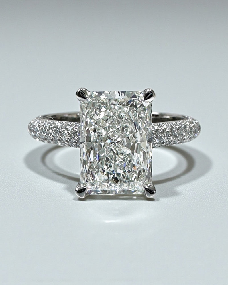 3ct radiant cut lab grown diamond set in a three row diamond band 3D cathedral style with hidden halo, platinum or 18kt yellow gold