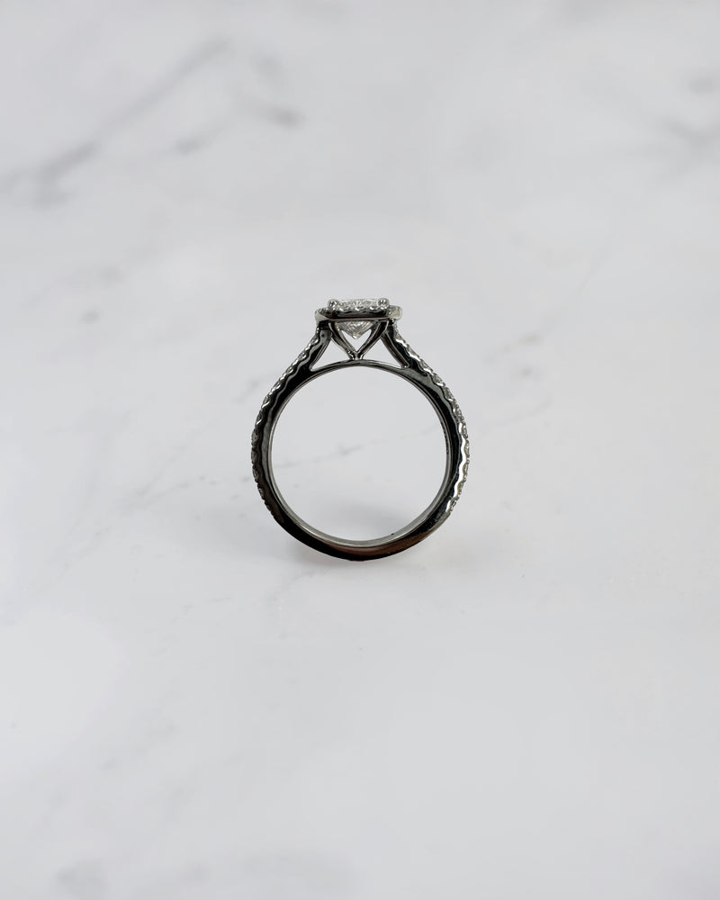 Lab grown 0.70ct radiant cut diamond halo engagement ring with seamless halo and diamond shoulders in white gold or platinum cathedral setting