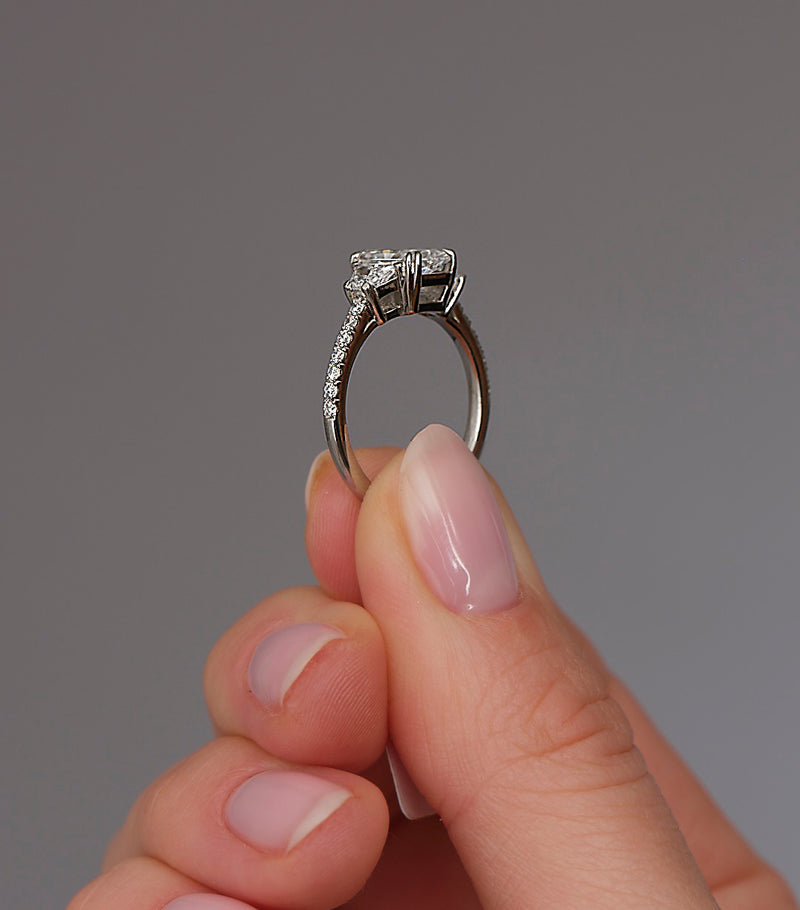 1.50ct Radiant with Trapezoids Trilogy Diamond Engagement Rings.