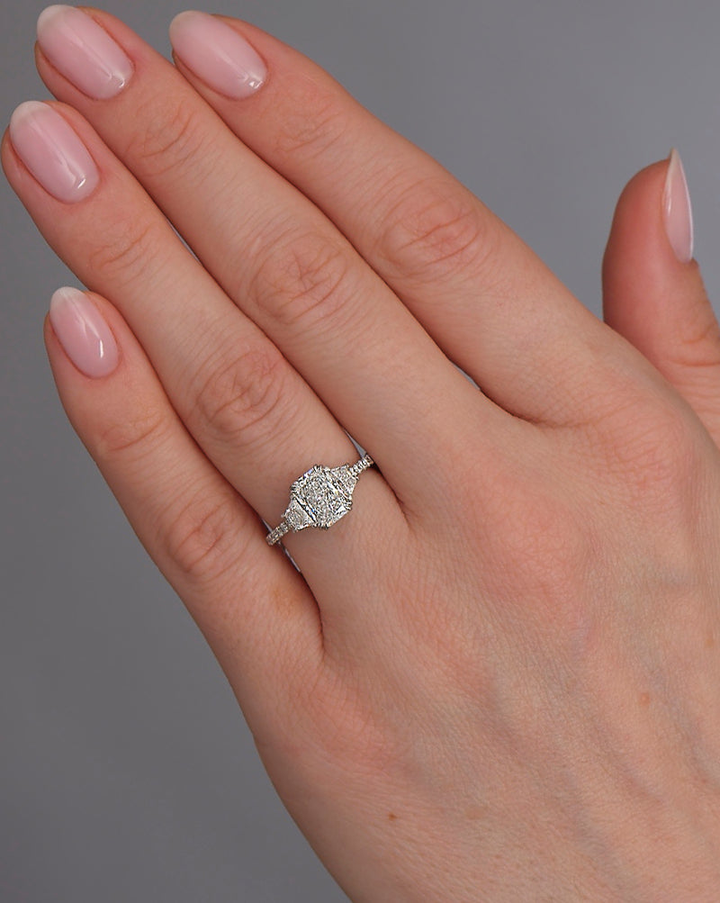 1.50ct Radiant with Trapezoids Trilogy Diamond Engagement Rings.