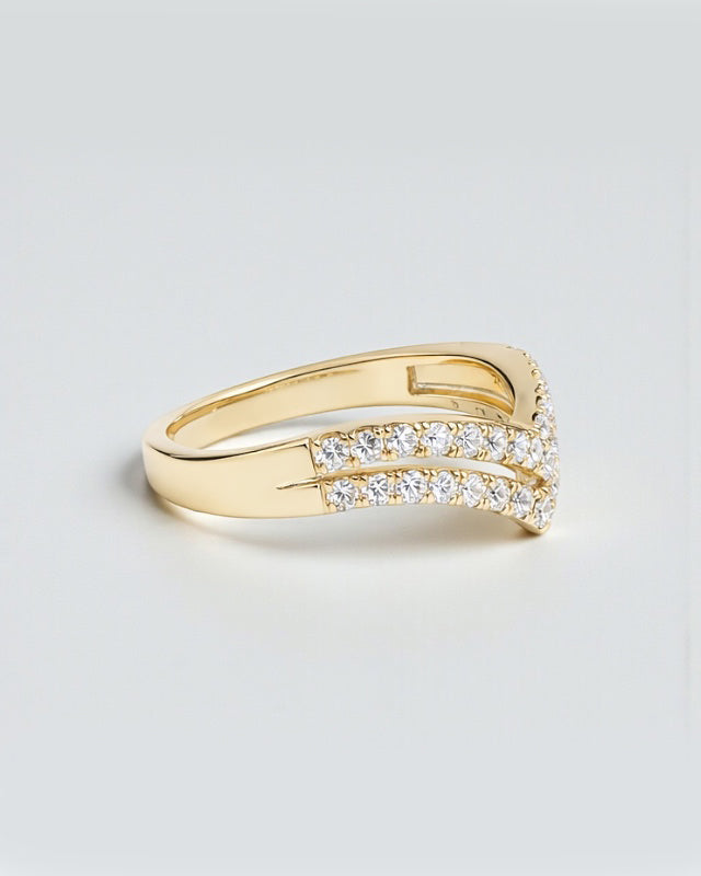 Double row wishbone diamond ring with pavé set diamonds, front view showing V shaped wishbone design. 9kt or 18kt yellow or white gold