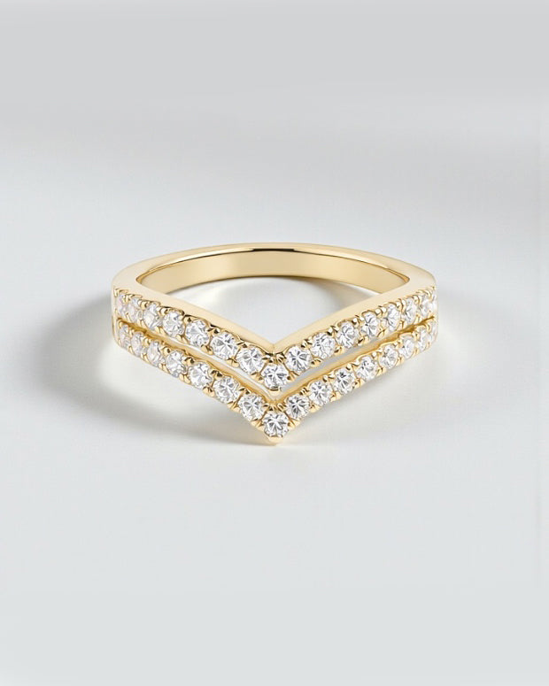 Double row wishbone diamond ring with pavé set diamonds, front view showing V shaped wishbone design. 9kt or 18kt yellow or white gold