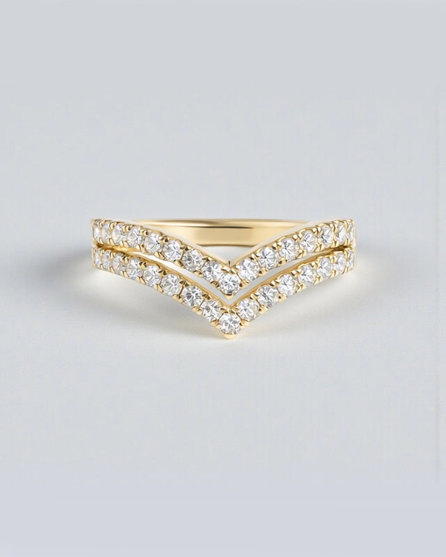 Double row wishbone diamond ring with pavé set diamonds, front view showing V shaped wishbone design. 9kt or 18kt yellow or white gold