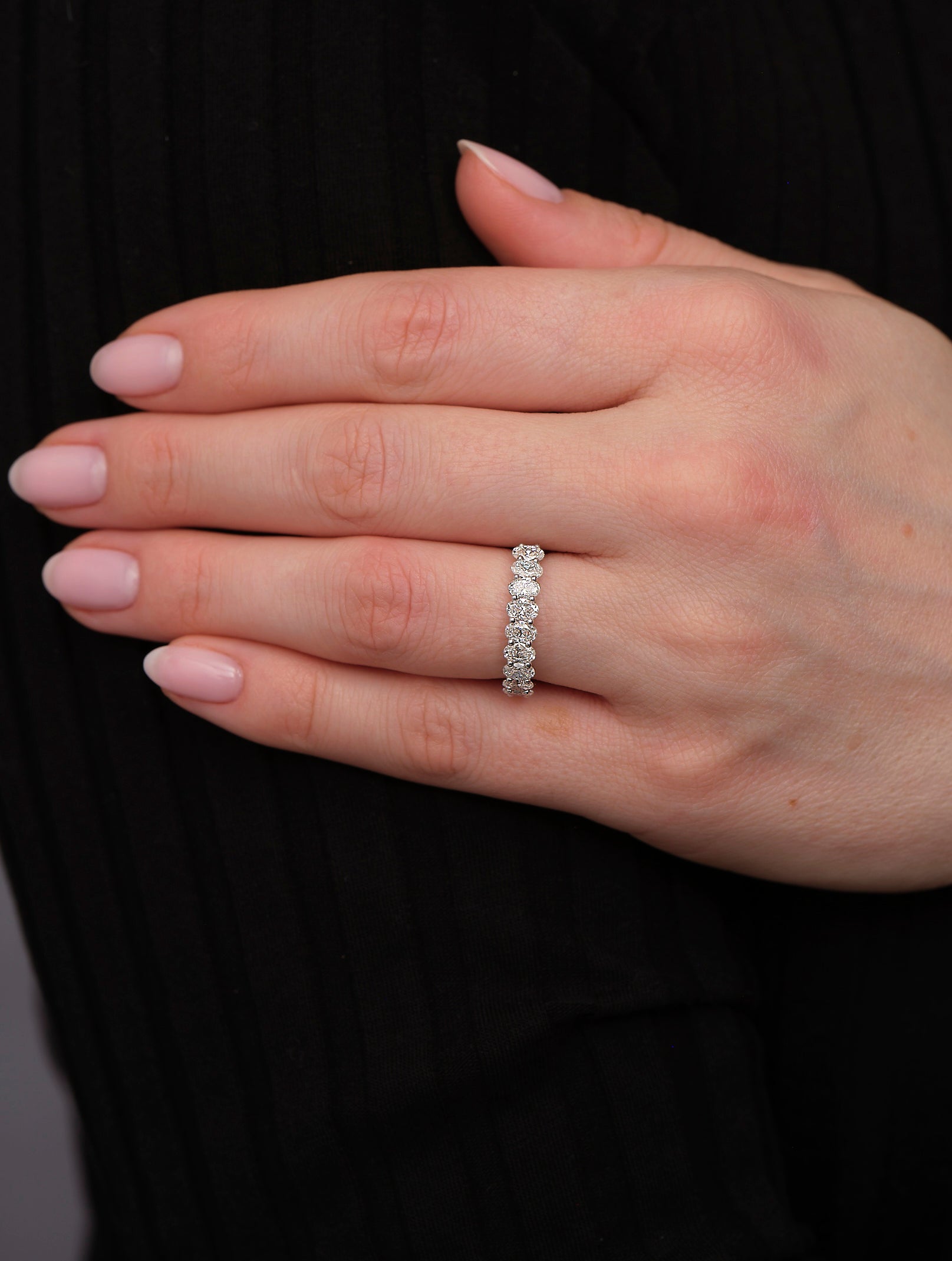 A comfort fit midi oval diamond band from our women’s diamond engagement band collection.