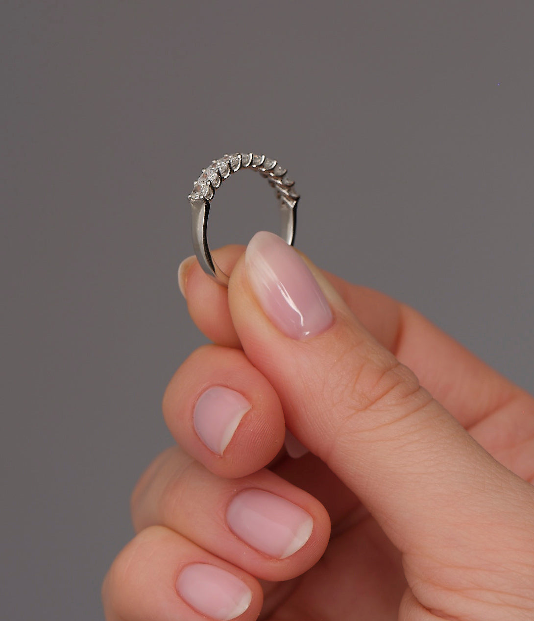 Side profile of a micro radiant diamond band, part of our women's wedding bands range.